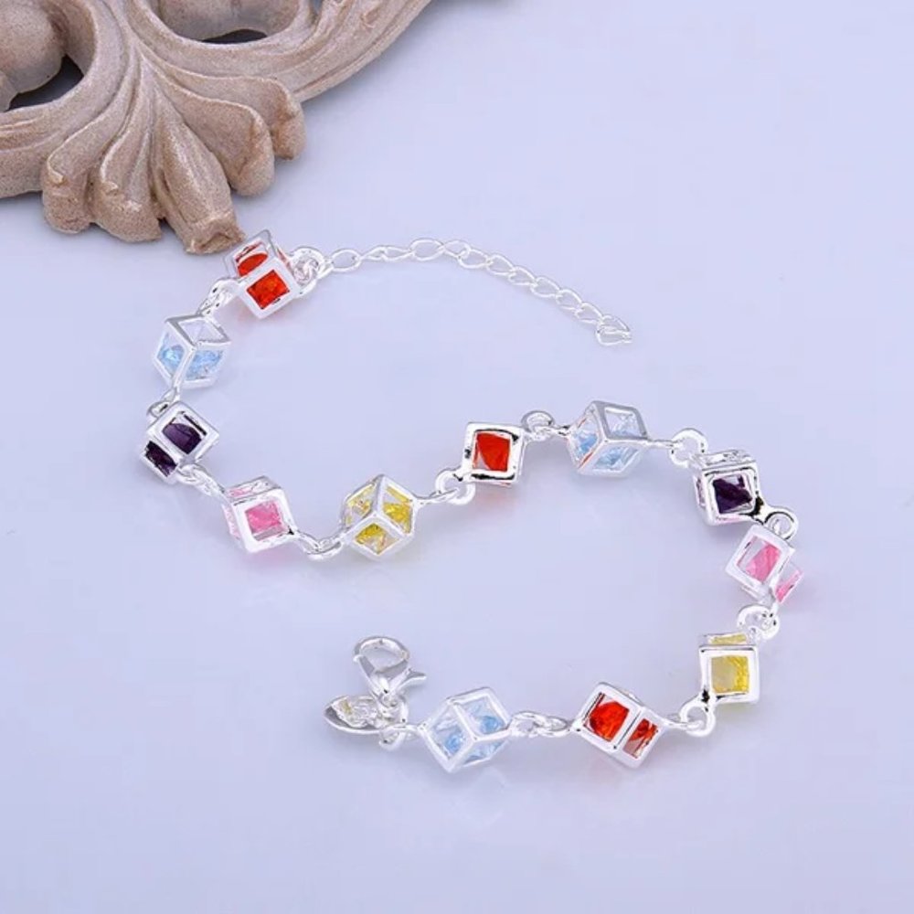 Beautiful Multi - Colored Box Style Ladies Bracelet .925 Solid Sterling Silver - Picture 2 of 5